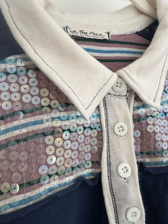 We The Free Navy and Cream Sequin Stripe Polo Top - Picture 3 of 3